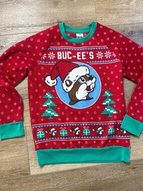 Unisex Christmas Bucee's Ugly Christmas Sweater Red Santa Trees Green Trim LARGE